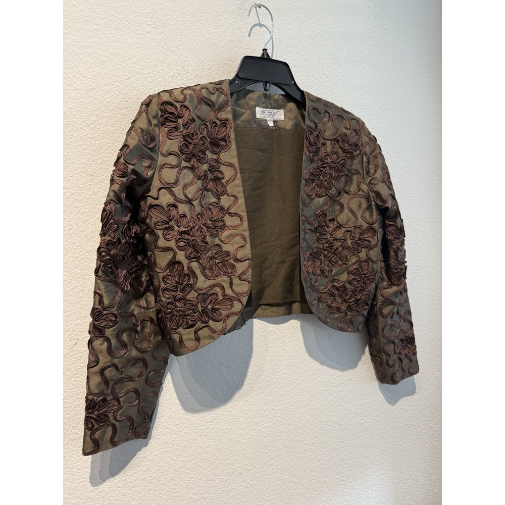 Brown Geometric Woman's Thai Silk Cropped Jacket Design Artisan Handmade Vintage - Picture 2 of 10
